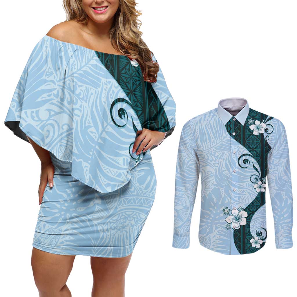 Polynesia Hibiscus Couples Matching Off Shoulder Short Dress and Long Sleeve Button Shirt Sky Blue Curve Motif LT05 Blue - Polynesian Pride