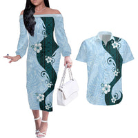 Polynesia Hibiscus Couples Matching Off The Shoulder Long Sleeve Dress and Hawaiian Shirt Sky Blue Curve Motif LT05 Blue - Polynesian Pride