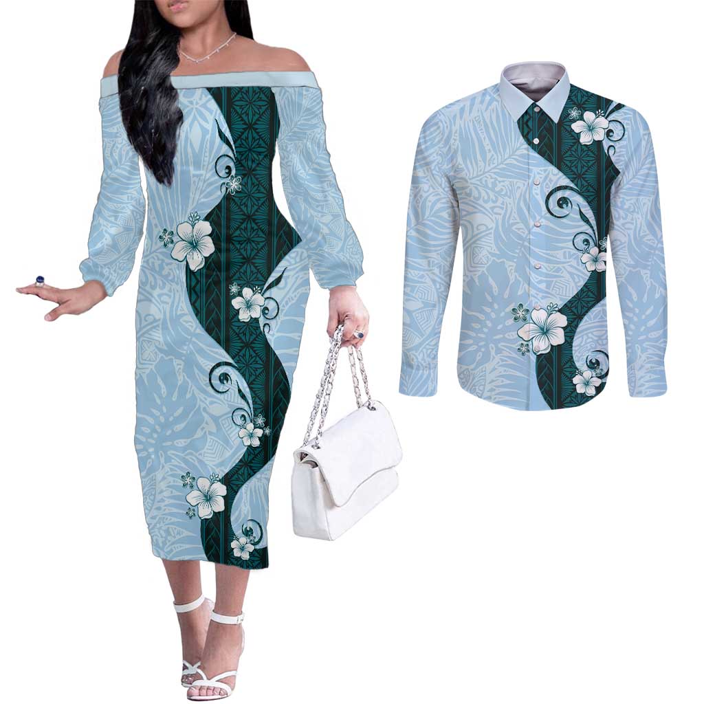Polynesia Hibiscus Couples Matching Off The Shoulder Long Sleeve Dress and Long Sleeve Button Shirt Sky Blue Curve Motif LT05 Blue - Polynesian Pride