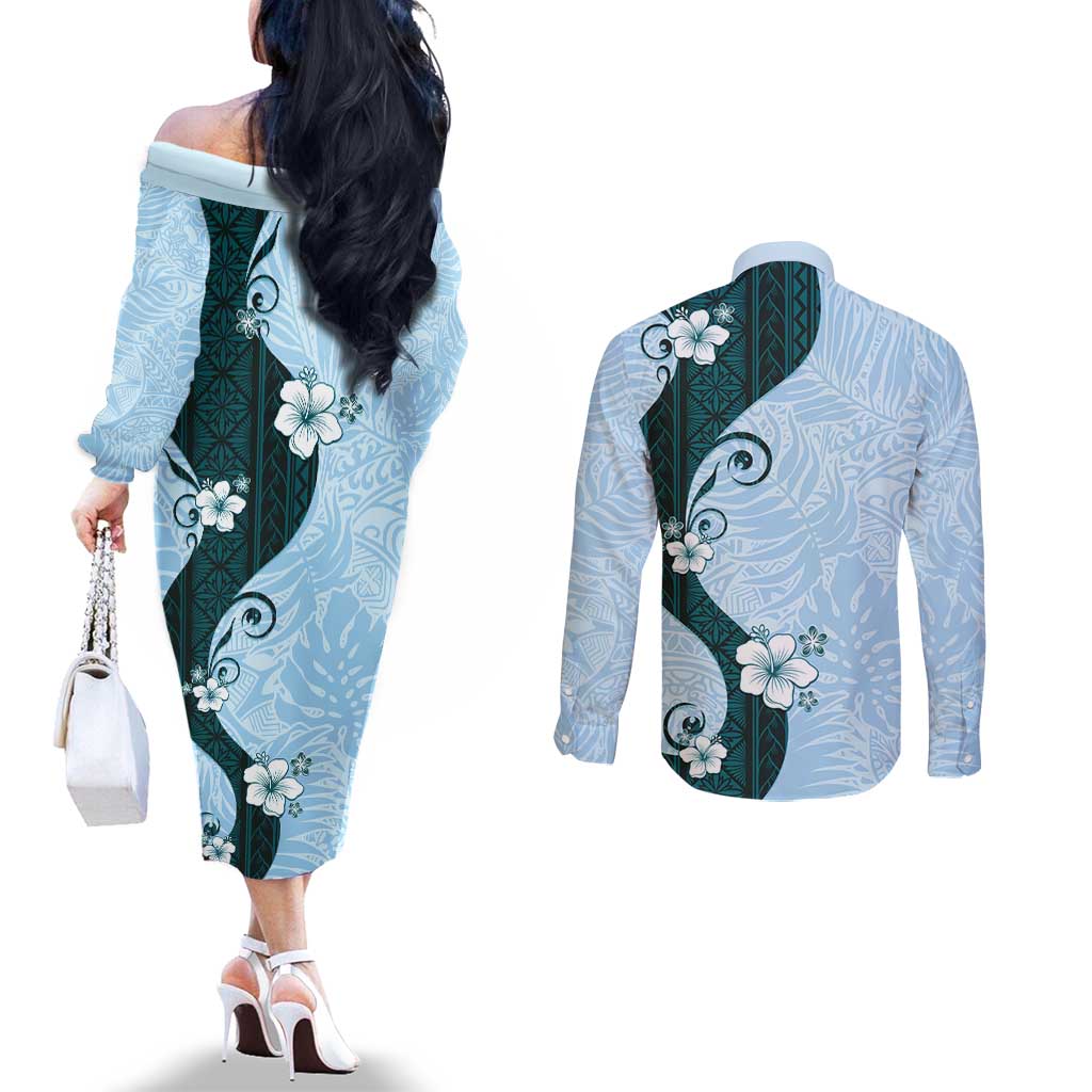 Polynesia Hibiscus Couples Matching Off The Shoulder Long Sleeve Dress and Long Sleeve Button Shirt Sky Blue Curve Motif - Polynesian Pride