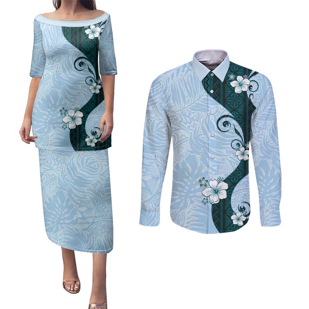 Polynesia Hibiscus Couples Matching Puletasi and Long Sleeve Button Shirt Sky Blue Curve Motif LT05 Blue - Polynesian Pride