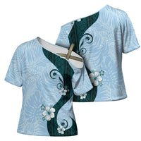 Polynesia Hibiscus Cross Shoulder Shirt Sky Blue Curve Motif - Polynesian Pride
