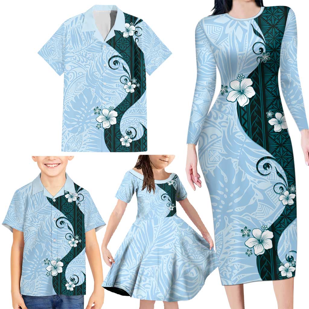 Polynesia Hibiscus Family Matching Long Sleeve Bodycon Dress and Hawaiian Shirt Sky Blue Curve Motif LT05 - Polynesian Pride