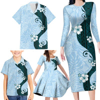 Polynesia Hibiscus Family Matching Long Sleeve Bodycon Dress and Hawaiian Shirt Sky Blue Curve Motif LT05 - Polynesian Pride