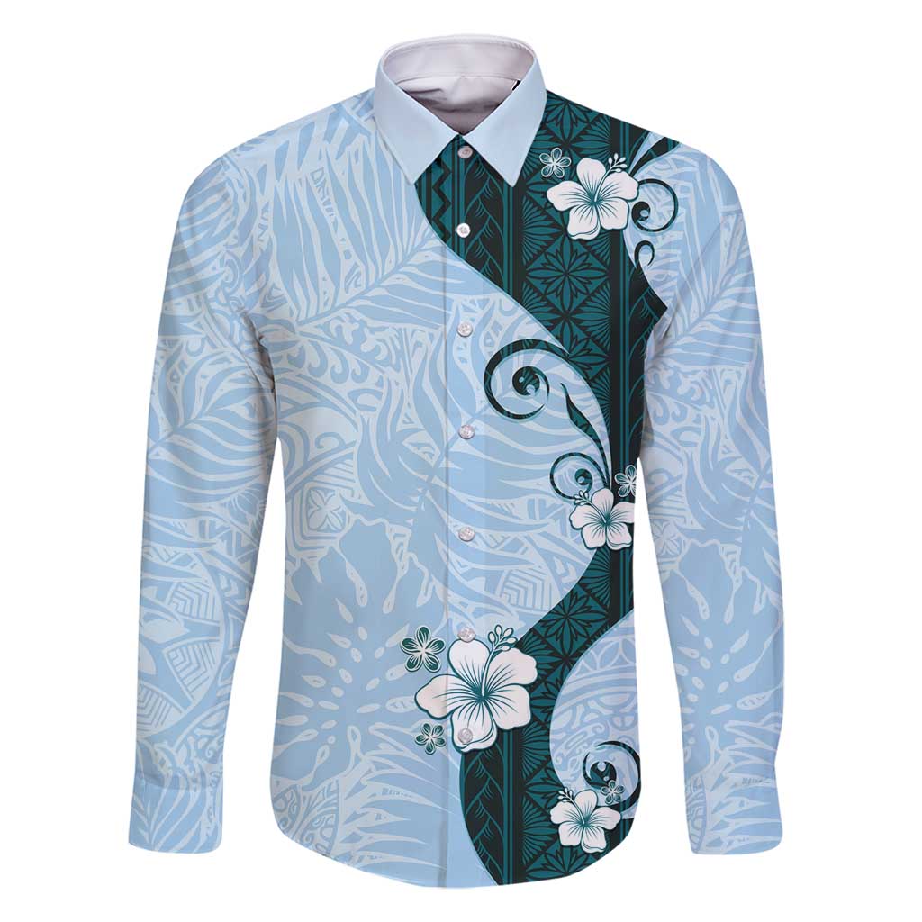 Polynesia Hibiscus Family Matching Long Sleeve Bodycon Dress and Hawaiian Shirt Sky Blue Curve Motif LT05 Dad's Shirt - Long Sleeve Blue - Polynesian Pride