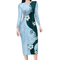 Polynesia Hibiscus Family Matching Long Sleeve Bodycon Dress and Hawaiian Shirt Sky Blue Curve Motif LT05 Mom's Dress Blue - Polynesian Pride