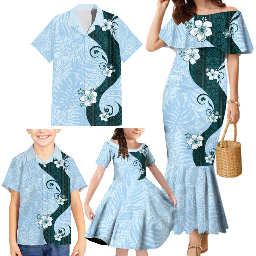 Polynesia Hibiscus Family Matching Mermaid Dress and Hawaiian Shirt Sky Blue Curve Motif LT05 - Polynesian Pride