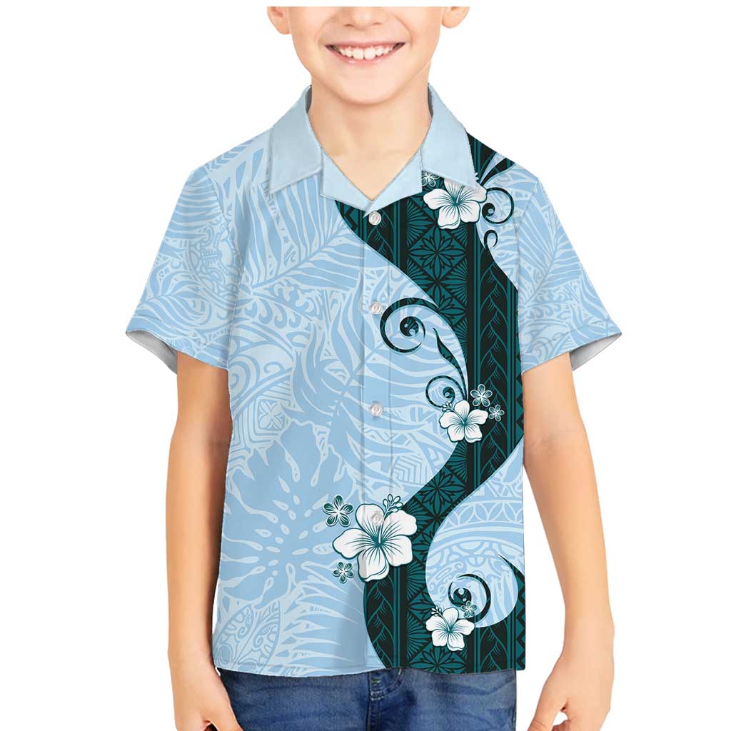 Polynesia Hibiscus Family Matching Mermaid Dress and Hawaiian Shirt Sky Blue Curve Motif LT05 Son's Shirt Blue - Polynesian Pride
