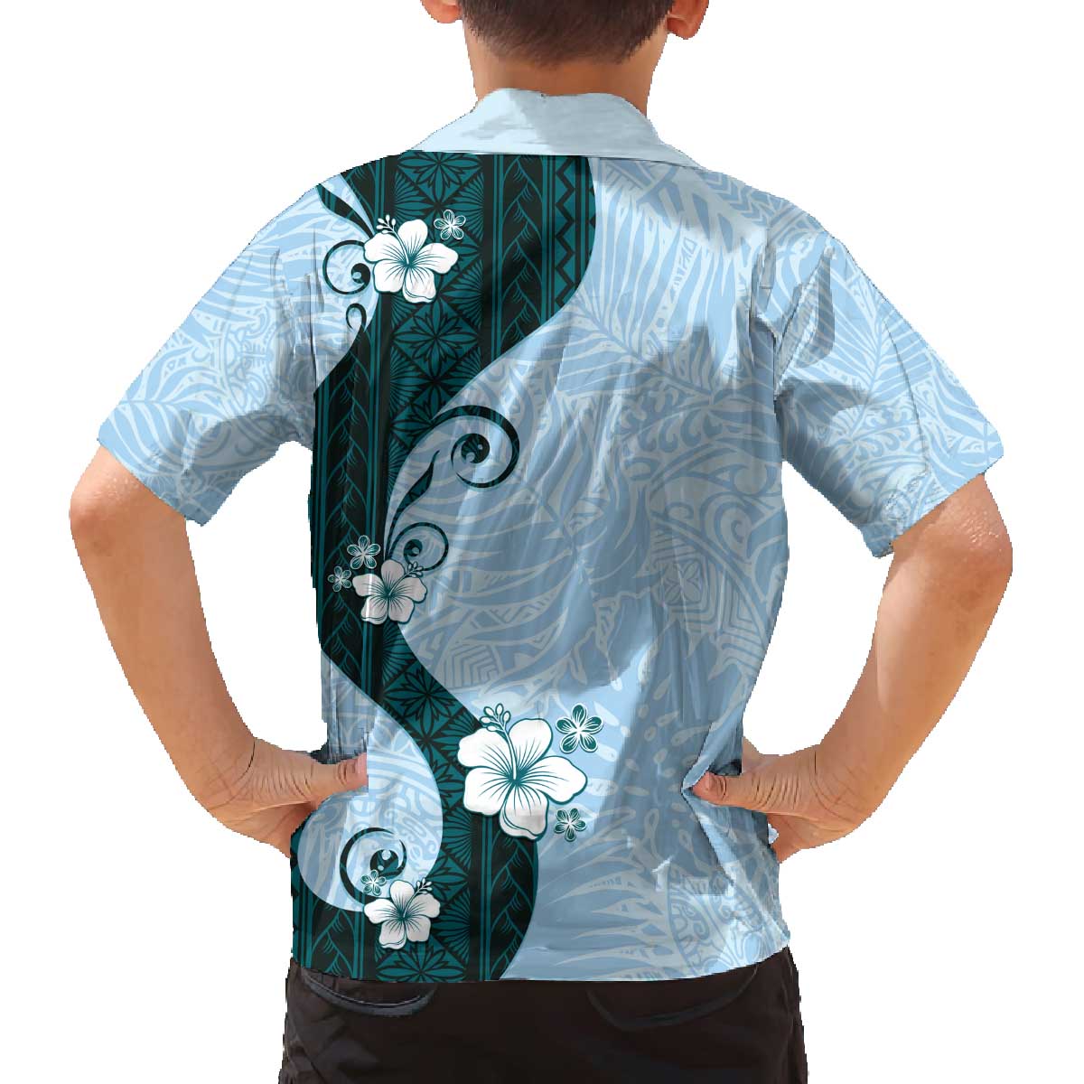 Polynesia Hibiscus Family Matching Off The Shoulder Long Sleeve Dress and Hawaiian Shirt Sky Blue Curve Motif LT05 - Polynesian Pride