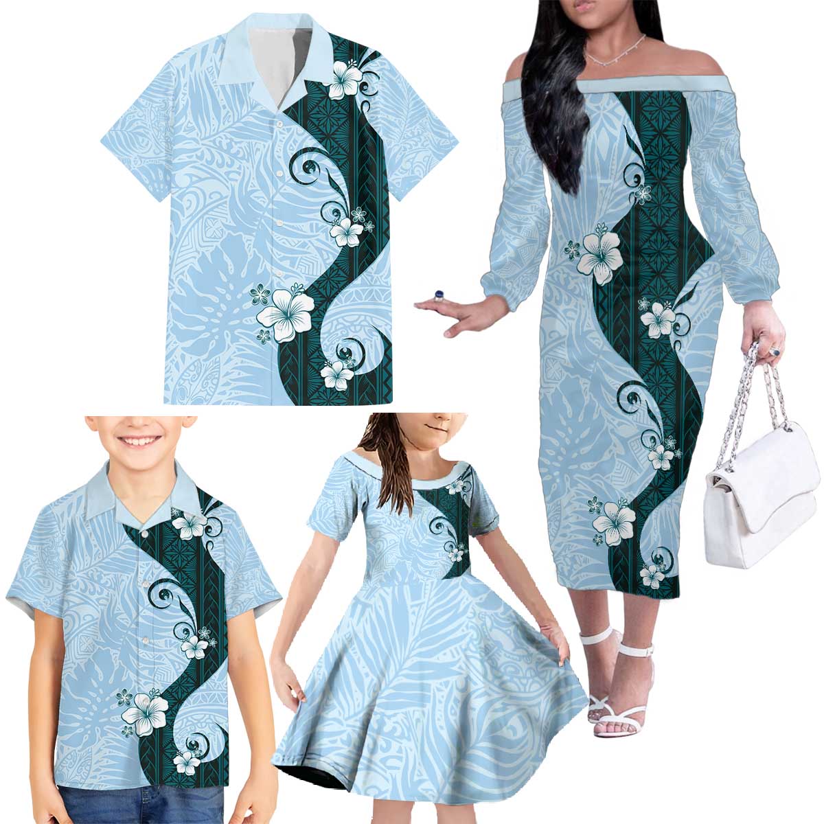 Polynesia Hibiscus Family Matching Off The Shoulder Long Sleeve Dress and Hawaiian Shirt Sky Blue Curve Motif LT05 - Polynesian Pride