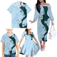 Polynesia Hibiscus Family Matching Off The Shoulder Long Sleeve Dress and Hawaiian Shirt Sky Blue Curve Motif LT05 - Polynesian Pride