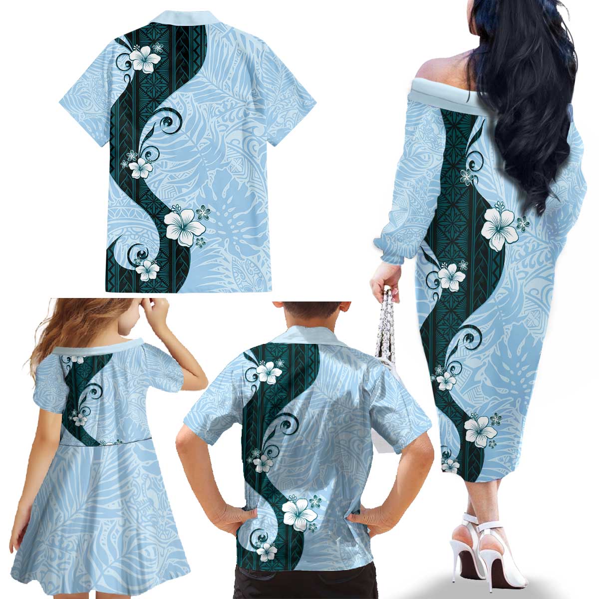 Polynesia Hibiscus Family Matching Off The Shoulder Long Sleeve Dress and Hawaiian Shirt Sky Blue Curve Motif LT05 - Polynesian Pride
