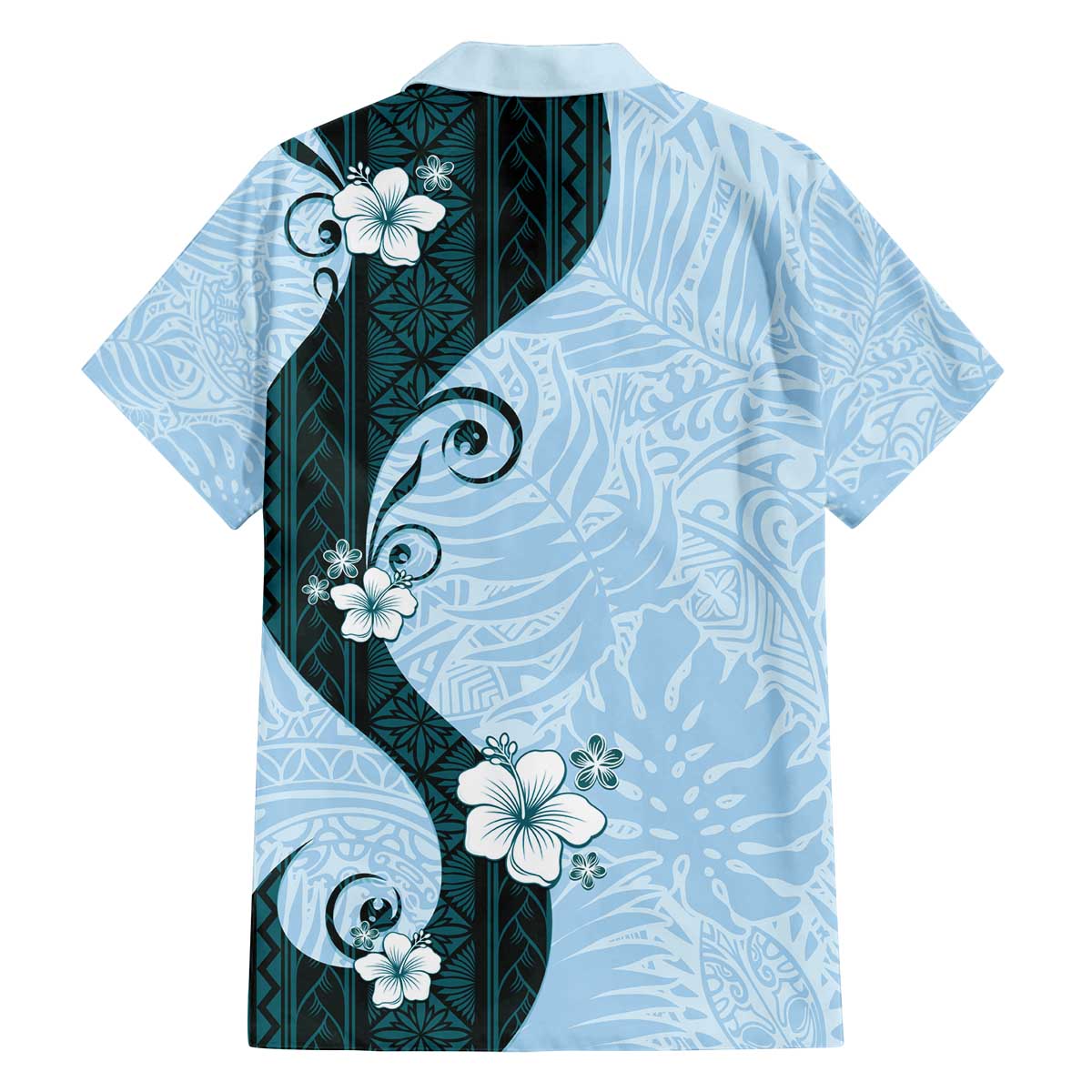 Polynesia Hibiscus Family Matching Off The Shoulder Long Sleeve Dress and Hawaiian Shirt Sky Blue Curve Motif LT05 - Polynesian Pride