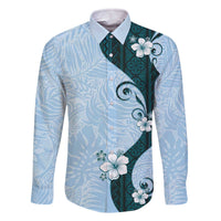 Polynesia Hibiscus Family Matching Off The Shoulder Long Sleeve Dress and Hawaiian Shirt Sky Blue Curve Motif LT05 Dad's Shirt - Long Sleeve Blue - Polynesian Pride