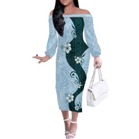 Polynesia Hibiscus Family Matching Off The Shoulder Long Sleeve Dress and Hawaiian Shirt Sky Blue Curve Motif LT05 Mom's Dress Blue - Polynesian Pride