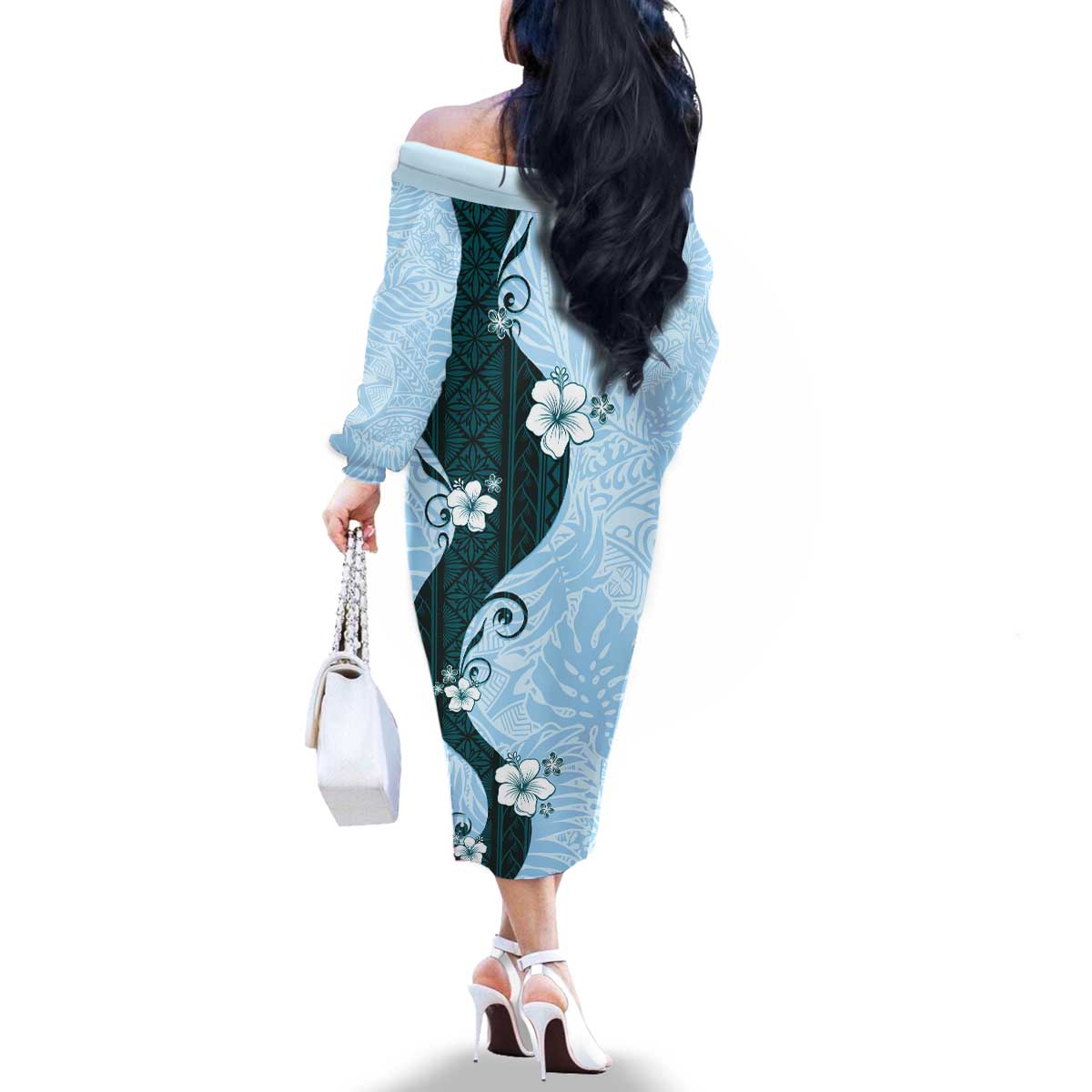 Polynesia Hibiscus Family Matching Off The Shoulder Long Sleeve Dress and Hawaiian Shirt Sky Blue Curve Motif LT05 - Polynesian Pride