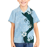 Polynesia Hibiscus Family Matching Off The Shoulder Long Sleeve Dress and Hawaiian Shirt Sky Blue Curve Motif LT05 Son's Shirt Blue - Polynesian Pride