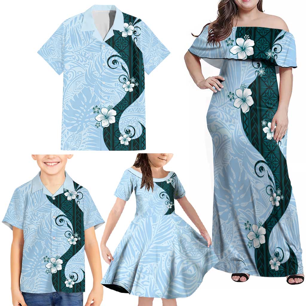 Polynesia Hibiscus Family Matching Off Shoulder Maxi Dress and Hawaiian Shirt Sky Blue Curve Motif LT05 - Polynesian Pride