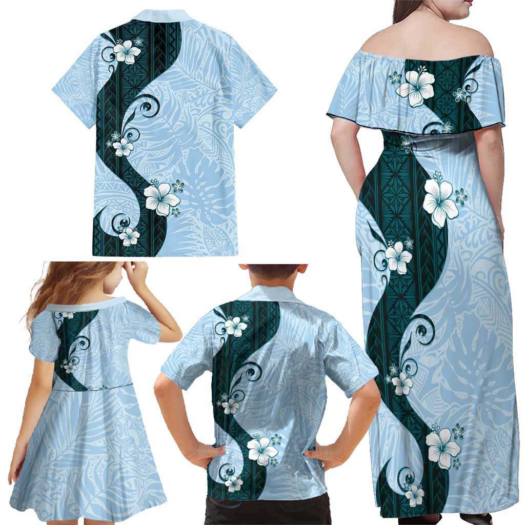 Polynesia Hibiscus Family Matching Off Shoulder Maxi Dress and Hawaiian Shirt Sky Blue Curve Motif LT05 - Polynesian Pride