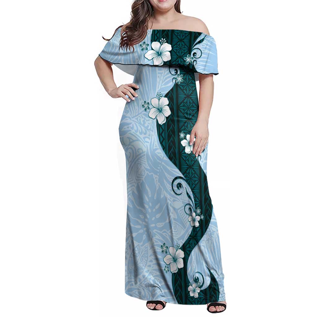 Polynesia Hibiscus Family Matching Off Shoulder Maxi Dress and Hawaiian Shirt Sky Blue Curve Motif LT05 Mom's Dress Blue - Polynesian Pride