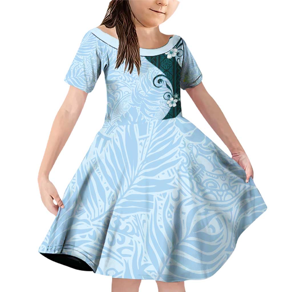Polynesia Hibiscus Family Matching Off Shoulder Short Dress and Hawaiian Shirt Sky Blue Curve Motif LT05 Daughter's Dress Blue - Polynesian Pride