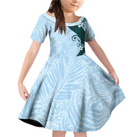 Polynesia Hibiscus Family Matching Off Shoulder Short Dress and Hawaiian Shirt Sky Blue Curve Motif LT05 Daughter's Dress Blue - Polynesian Pride