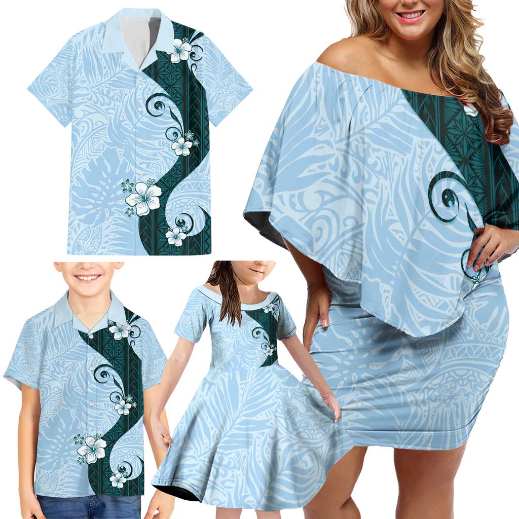 Polynesia Hibiscus Family Matching Off Shoulder Short Dress and Hawaiian Shirt Sky Blue Curve Motif LT05 - Polynesian Pride