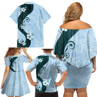 Polynesia Hibiscus Family Matching Off Shoulder Short Dress and Hawaiian Shirt Sky Blue Curve Motif LT05 - Polynesian Pride
