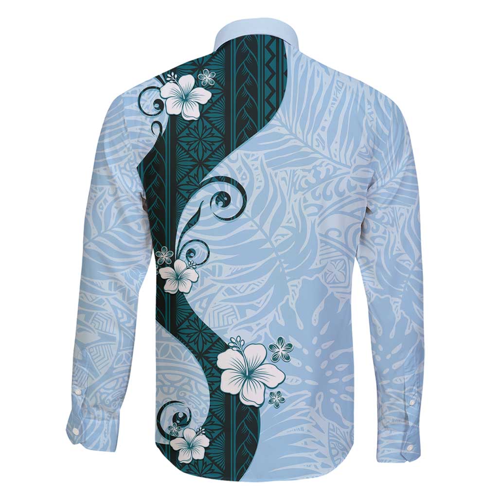 Polynesia Hibiscus Family Matching Off Shoulder Short Dress and Hawaiian Shirt Sky Blue Curve Motif LT05 - Polynesian Pride