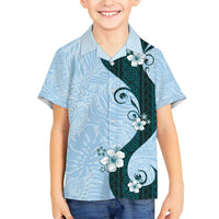 Polynesia Hibiscus Family Matching Short Sleeve Bodycon Dress and Hawaiian Shirt Sky Blue Curve Motif LT05 Son's Shirt Blue - Polynesian Pride