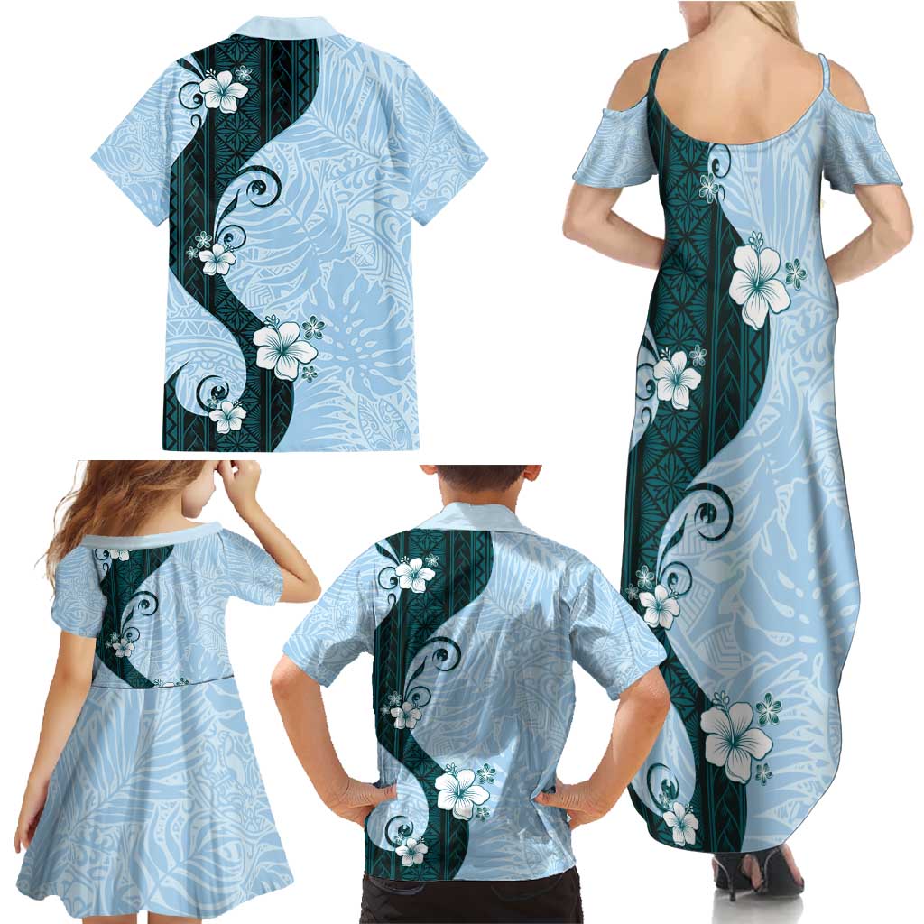 Polynesia Hibiscus Family Matching Summer Maxi Dress and Hawaiian Shirt Sky Blue Curve Motif LT05 - Polynesian Pride