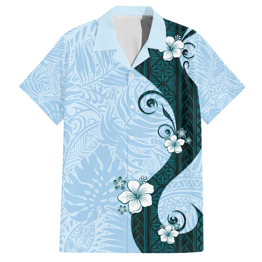 Polynesia Hibiscus Family Matching Summer Maxi Dress and Hawaiian Shirt Sky Blue Curve Motif LT05 Dad's Shirt - Short Sleeve Blue - Polynesian Pride