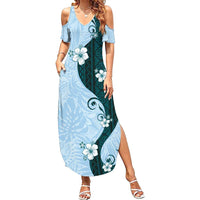 Polynesia Hibiscus Family Matching Summer Maxi Dress and Hawaiian Shirt Sky Blue Curve Motif LT05 Mom's Dress Blue - Polynesian Pride