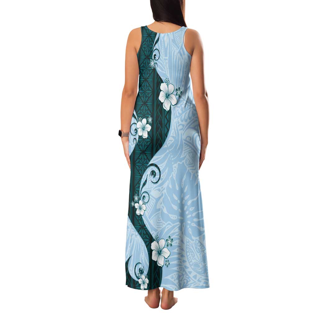 Polynesia Hibiscus Family Matching Tank Maxi Dress and Hawaiian Shirt Sky Blue Curve Motif LT05 - Polynesian Pride