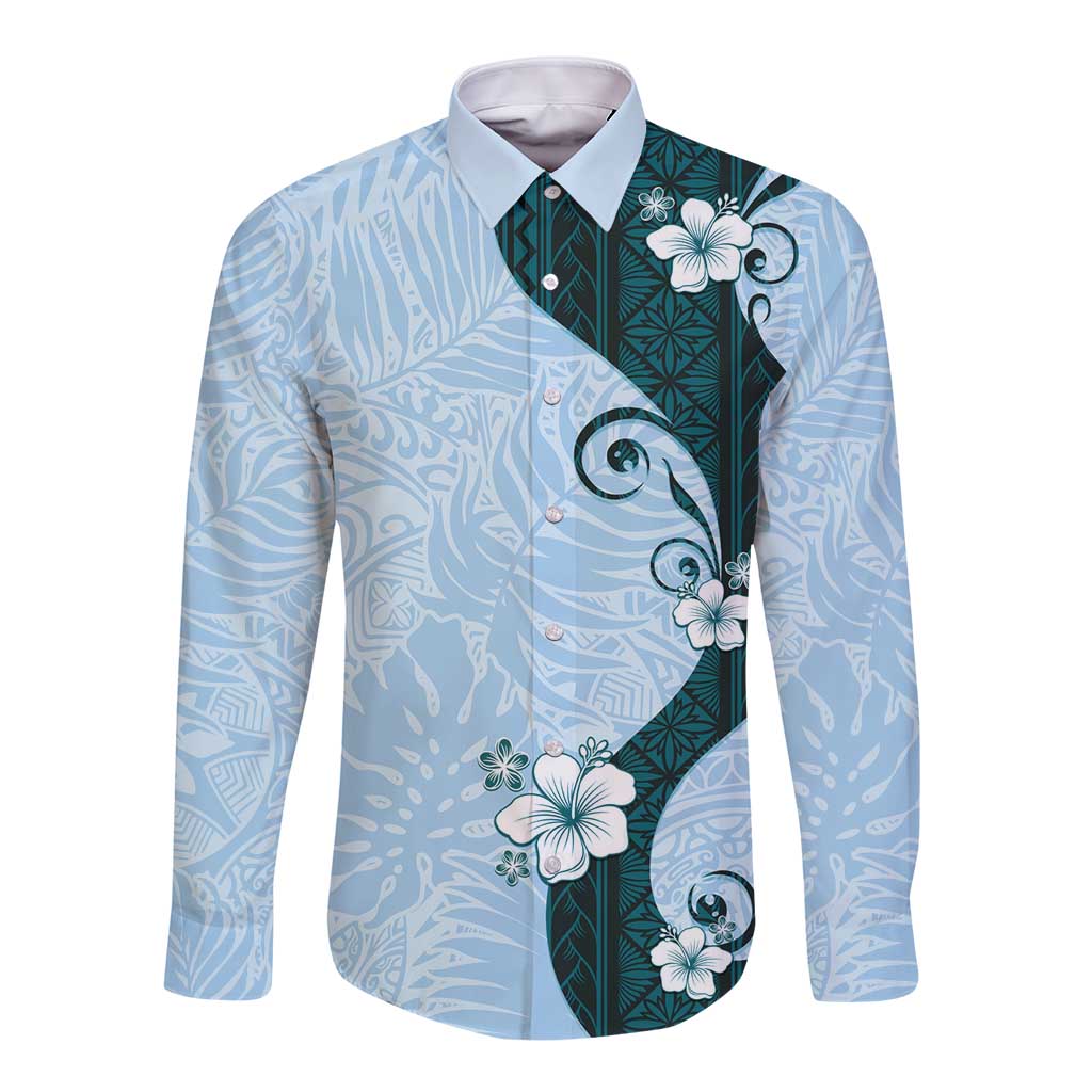 Polynesia Hibiscus Long Sleeve Button Shirt Sky Blue Curve Motif LT05 Unisex Blue - Polynesian Pride