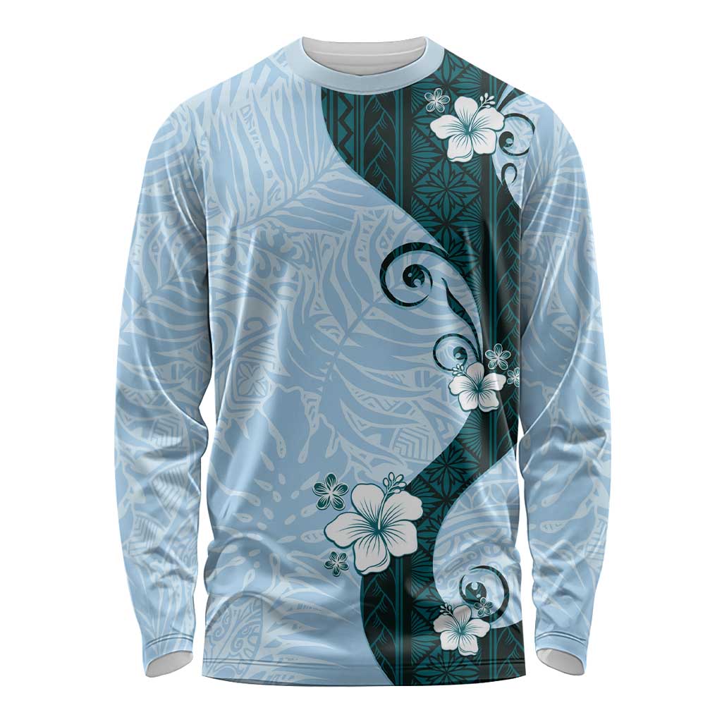 Polynesia Hibiscus Long Sleeve Shirt Sky Blue Curve Motif - Polynesian Pride