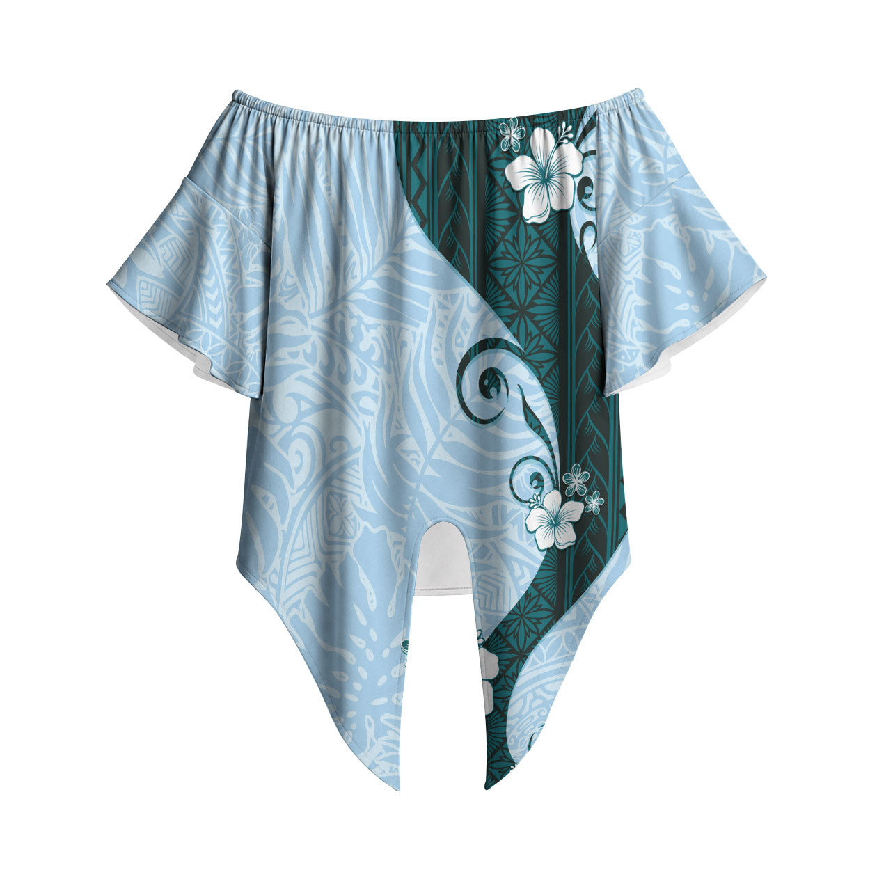 Polynesia Hibiscus Off Shoulder Wrap Waist Top Sky Blue Curve Motif LT05 Blue - Polynesian Pride