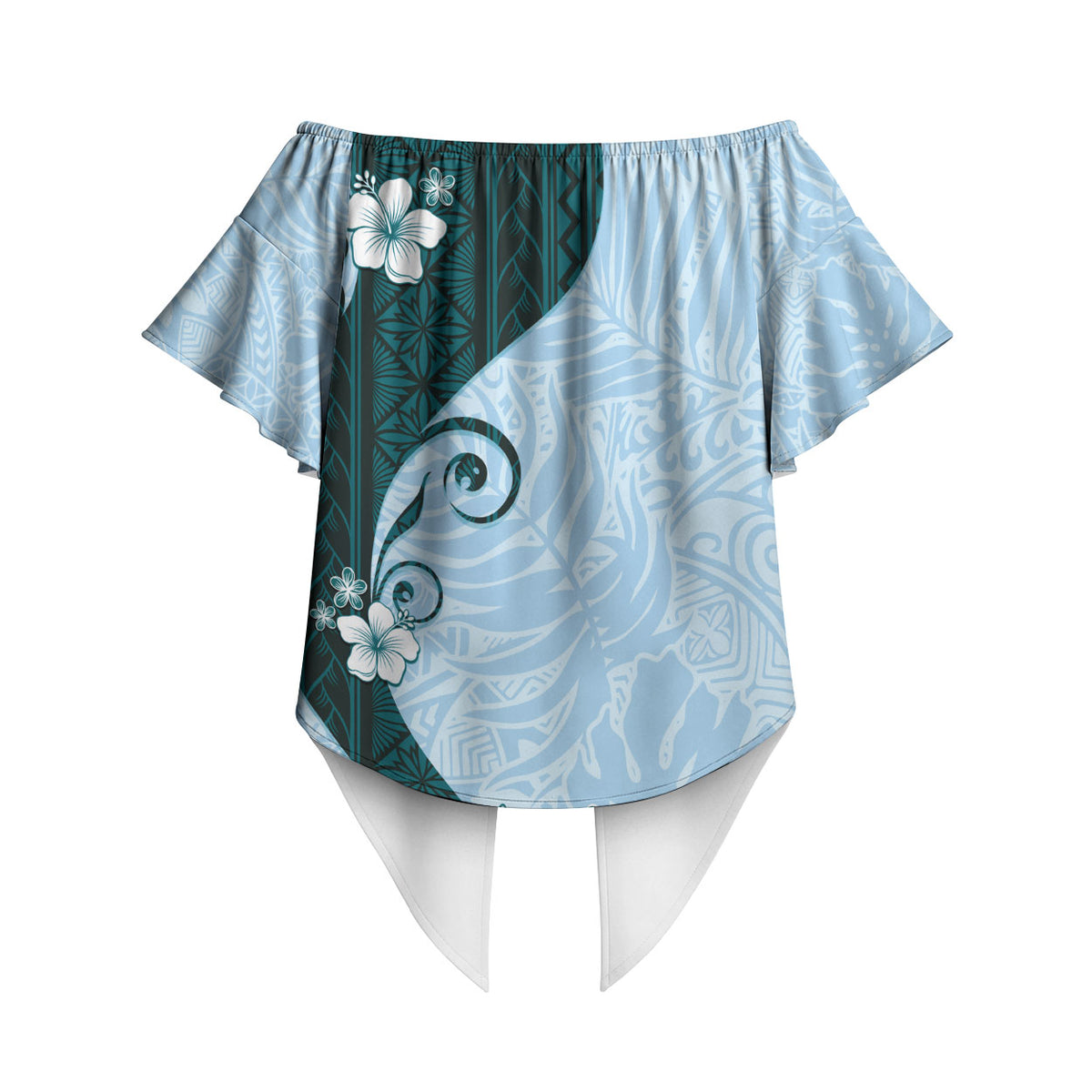 Polynesia Hibiscus Off Shoulder Wrap Waist Top Sky Blue Curve Motif LT05 - Polynesian Pride