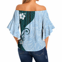 Polynesia Hibiscus Off Shoulder Wrap Waist Top Sky Blue Curve Motif LT05 - Polynesian Pride