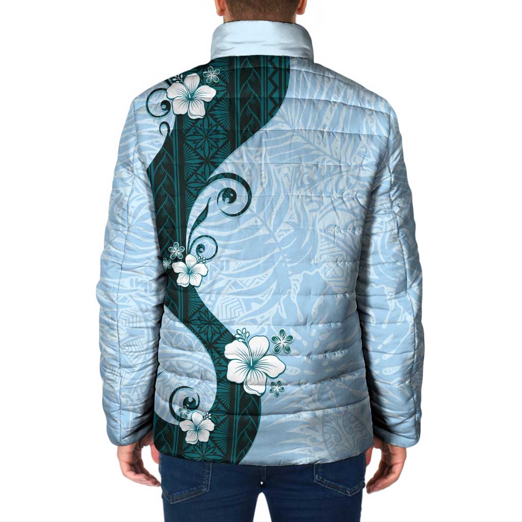 Polynesia Hibiscus Padded Jacket Sky Blue Curve Motif - Polynesian Pride