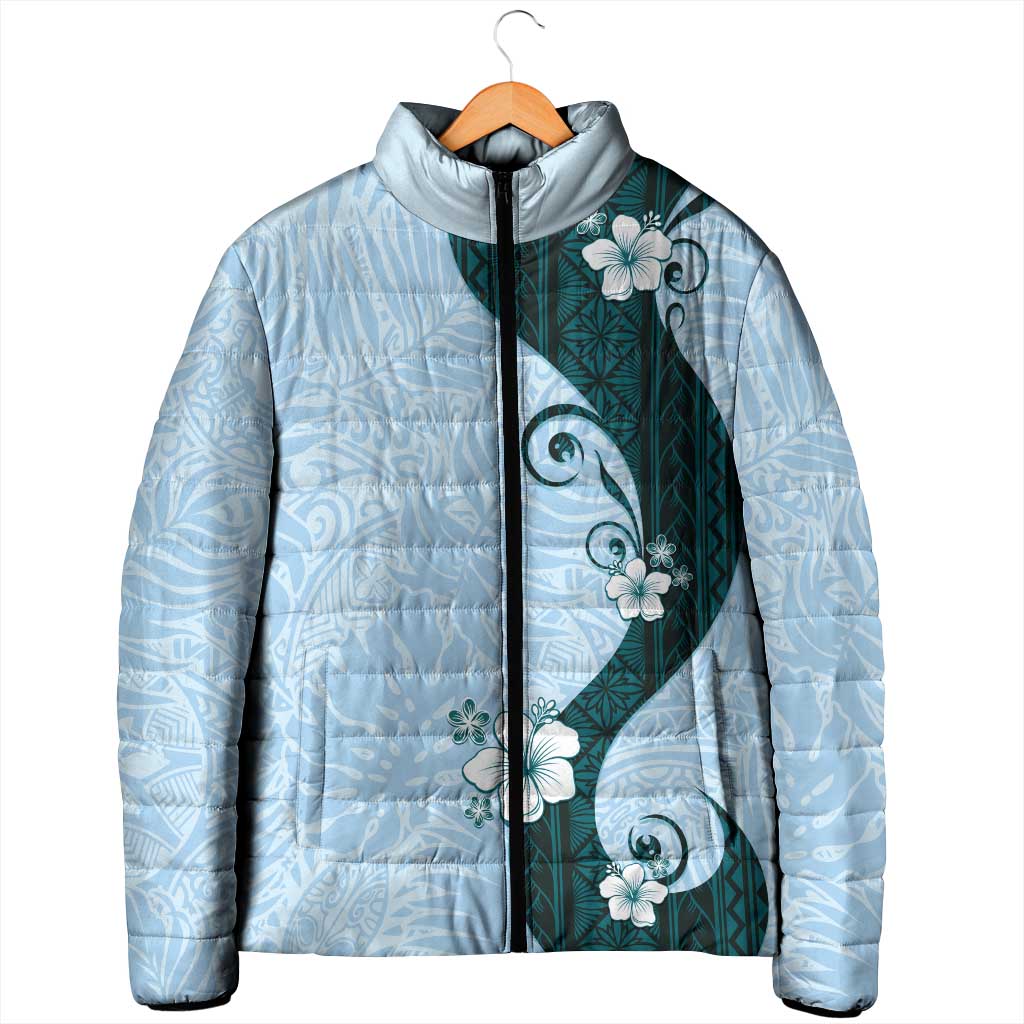 Polynesia Hibiscus Padded Jacket Sky Blue Curve Motif - Polynesian Pride