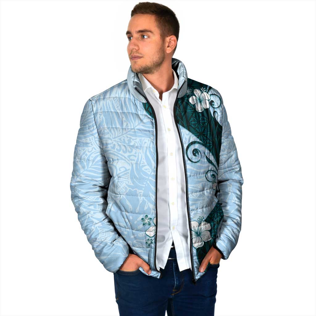 Polynesia Hibiscus Padded Jacket Sky Blue Curve Motif - Polynesian Pride