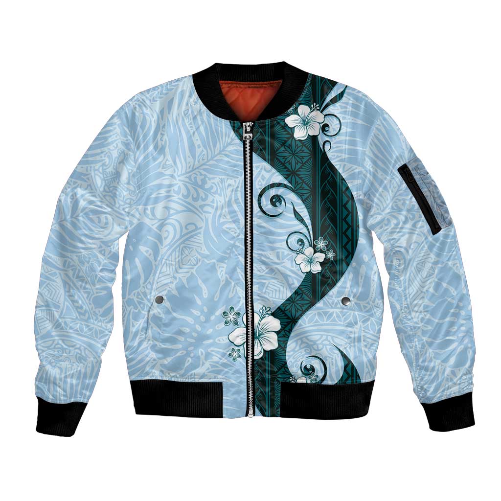 Polynesia Hibiscus Sleeve Zip Bomber Jacket Sky Blue Curve Motif LT05 Unisex Blue - Polynesian Pride
