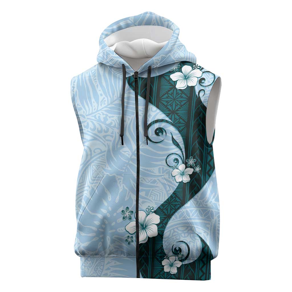 Polynesia Hibiscus Sleeveless Zip Hoodie Sky Blue Curve Motif - Polynesian Pride