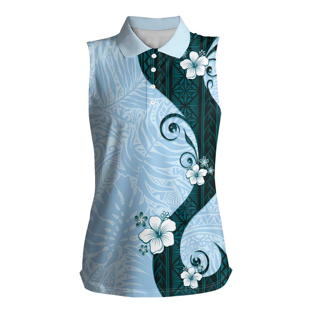 Polynesia Hibiscus Women Sleeveless Polo Shirt Sky Blue Curve Motif LT05 Female Blue - Polynesian Pride