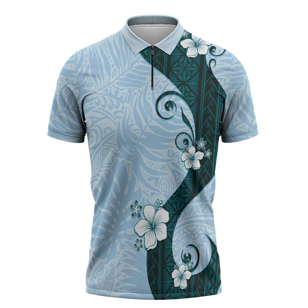 Polynesia Hibiscus Zipper Polo Shirt Sky Blue Curve Motif LT05 Blue - Polynesian Pride