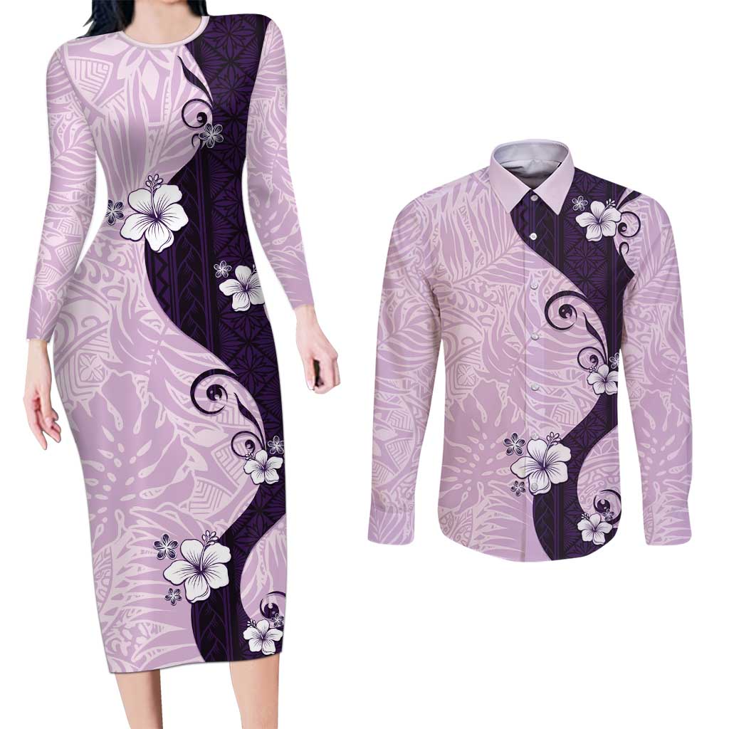 Polynesia Hibiscus Couples Matching Long Sleeve Bodycon Dress and Long Sleeve Button Shirt Thistle Curve Motif - Polynesian Pride