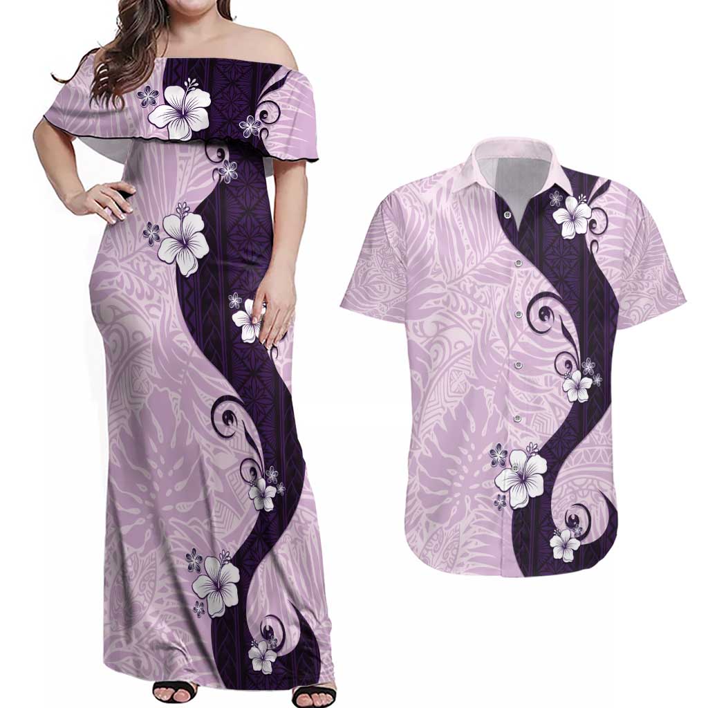 Polynesia Hibiscus Couples Matching Off Shoulder Maxi Dress and Hawaiian Shirt Thistle Curve Motif LT05 Purple - Polynesian Pride