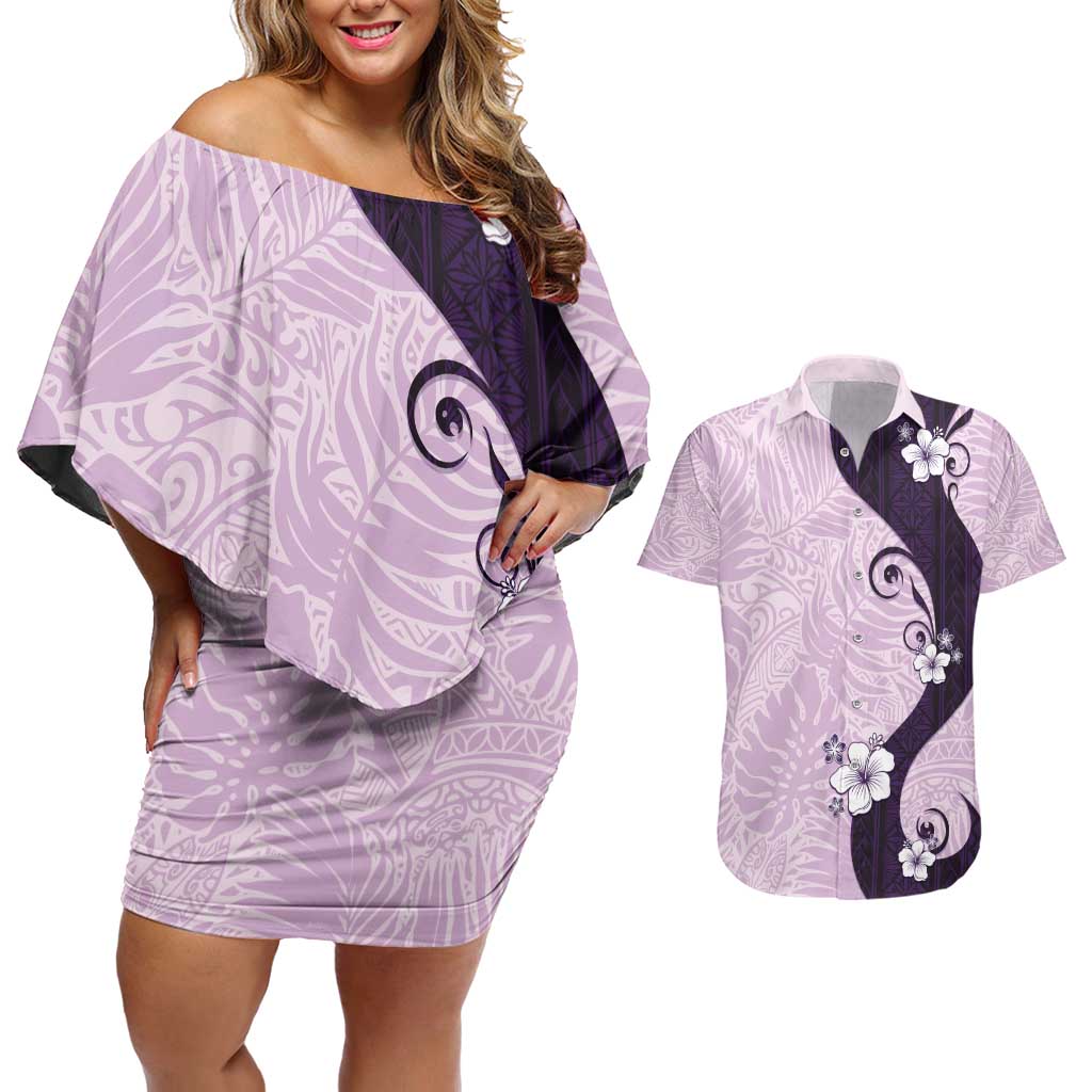 Polynesia Hibiscus Couples Matching Off Shoulder Short Dress and Hawaiian Shirt Thistle Curve Motif LT05 Purple - Polynesian Pride