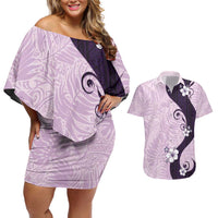 Polynesia Hibiscus Couples Matching Off Shoulder Short Dress and Hawaiian Shirt Thistle Curve Motif LT05 Purple - Polynesian Pride
